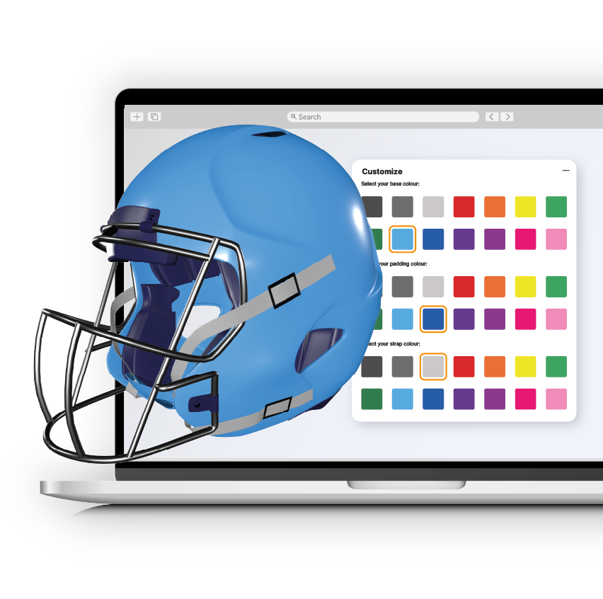 Kit Builder 3D customizer interface showing American football helmet changing colours