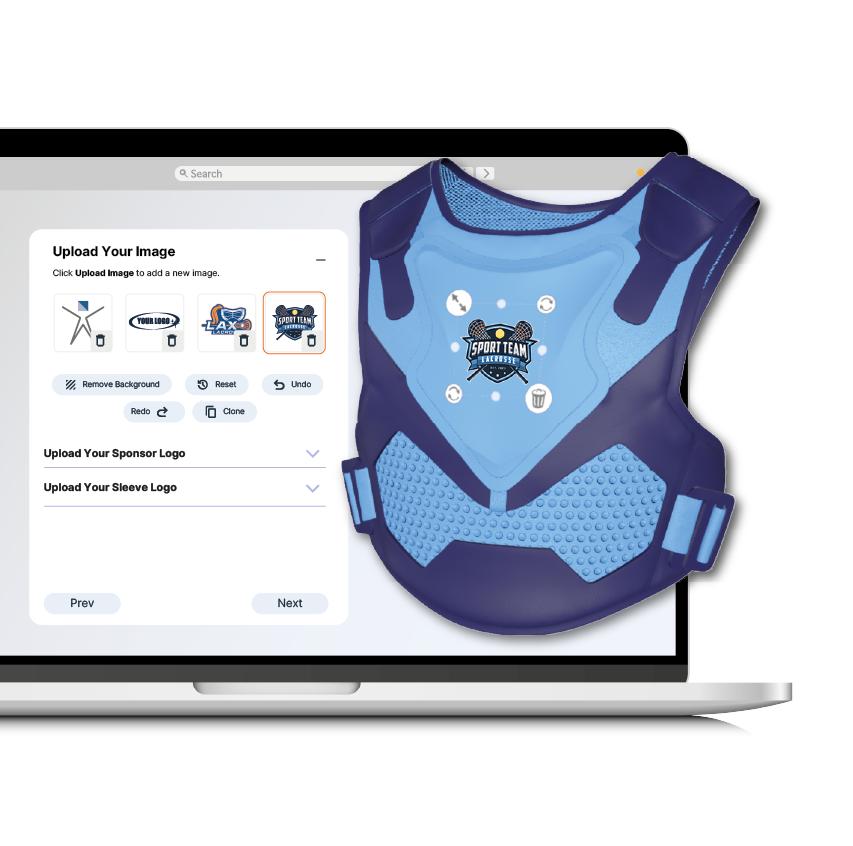 Kit Builder 3D customizer interface showing American football product with logos being added