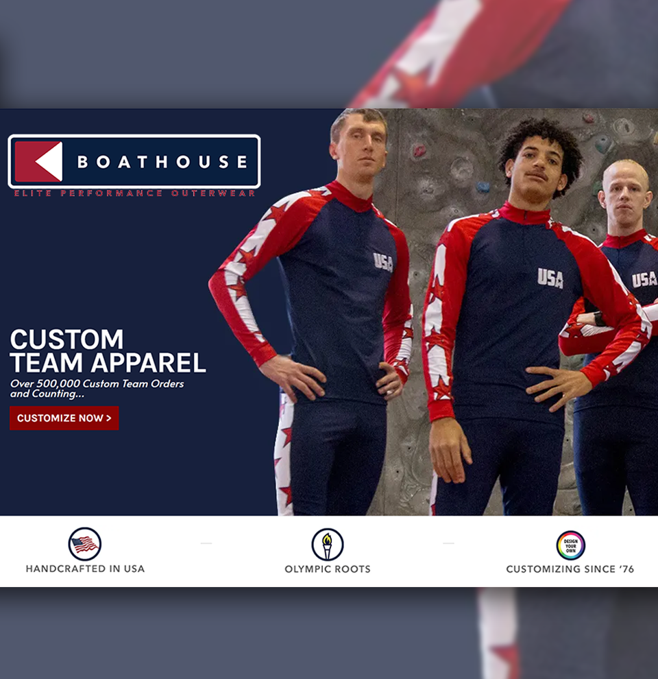 Image from the Boathouse website introducing their custom team apparel by Kit Builder, 3D customization.