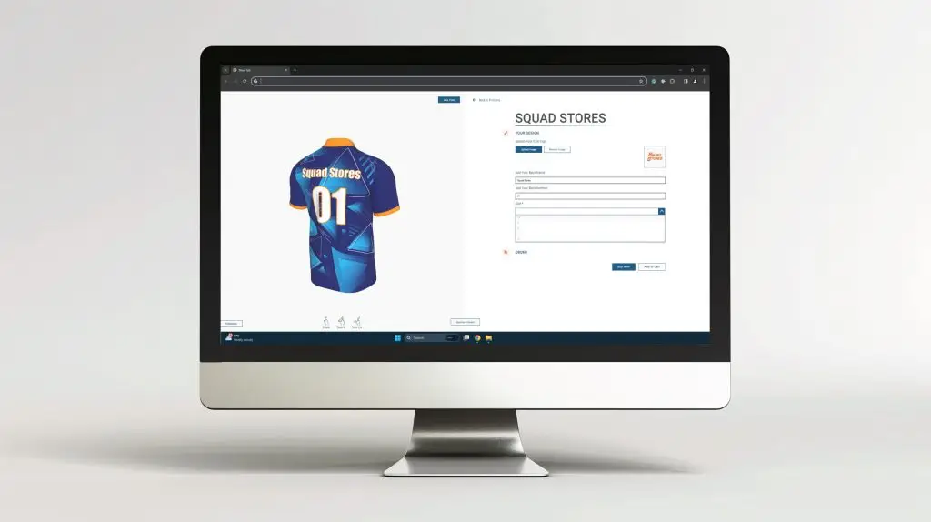 Monitor showing Kit Builders 3D customization solution, squad stores for front end clients.