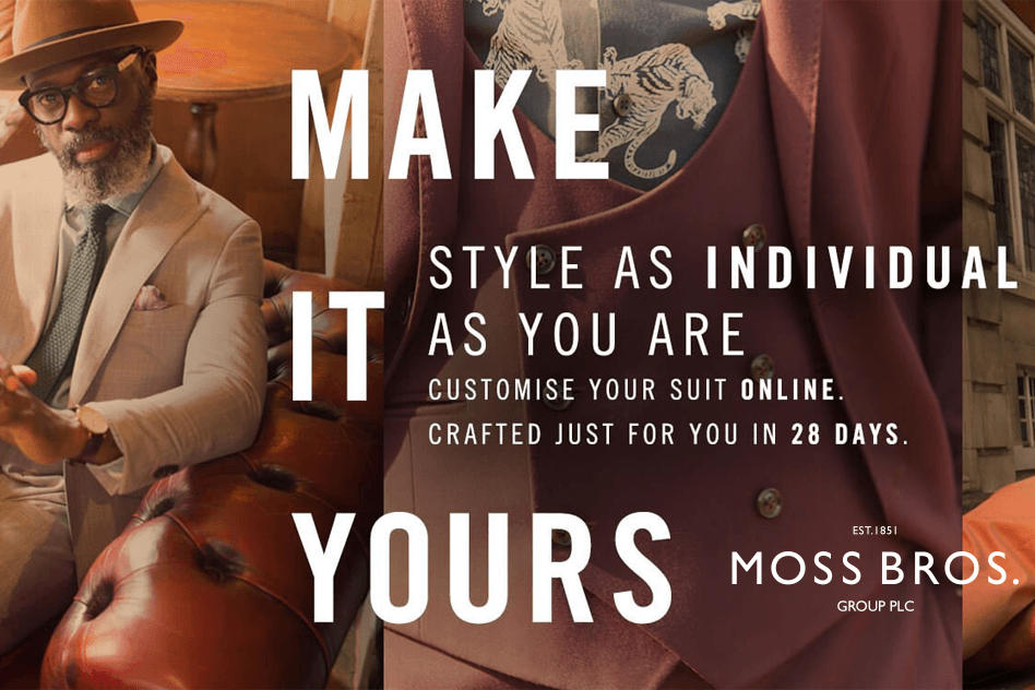 Image shows social media post advertising the Moss Bespoke suit 3D customizer by Kit Builder