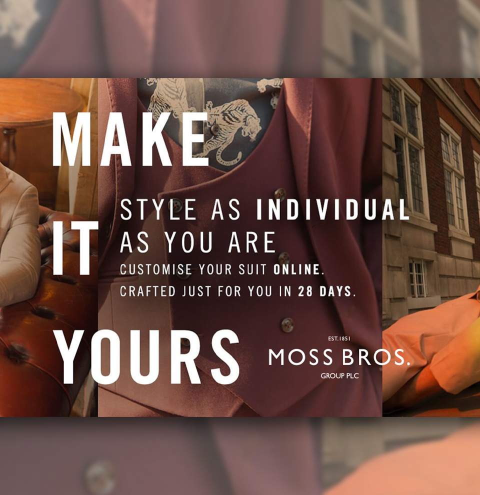 Image shows social media post advertising the Moss Bespoke suit 3D customizer by Kit Builder