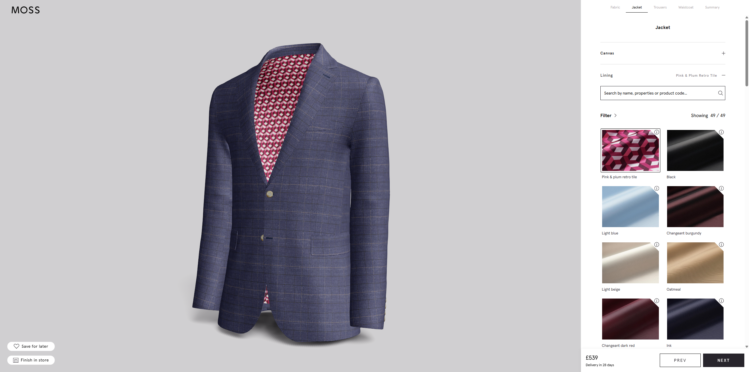 Image shows Moss Bespoke suit 3D customizer by Kit Builder