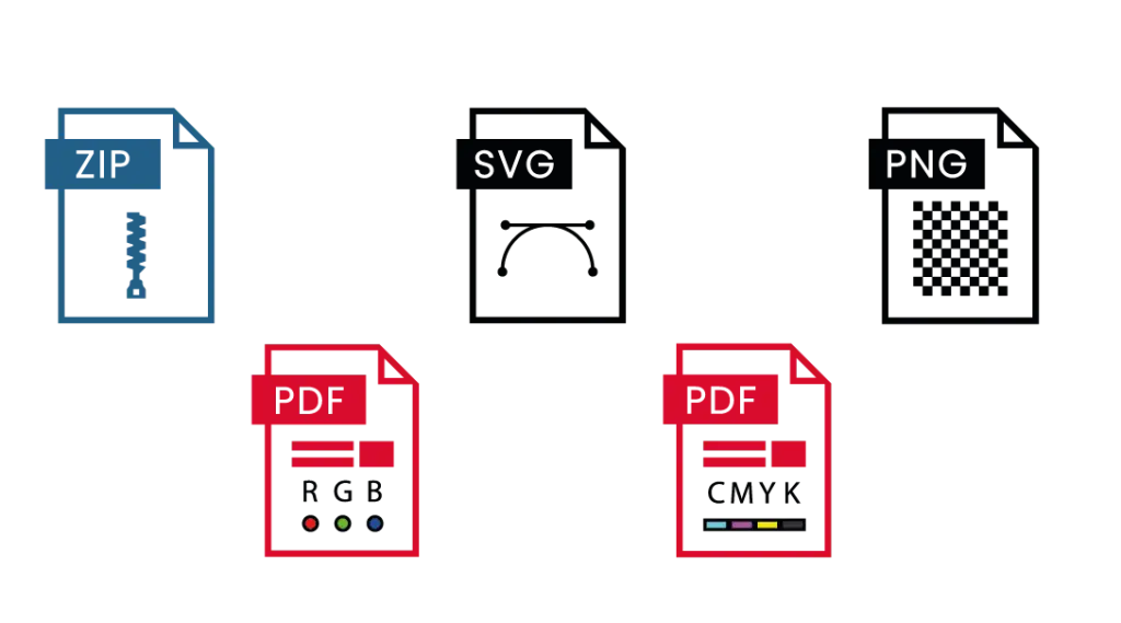 Solutions - Print production Set of export icons from Kit Builder 3D customizer including CMYK and RGB PDF, SVG, PNG, and ZIP options for product customization.