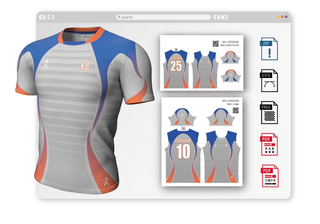 Solutions - Print production Kit Builder 3D customizer interface graphic showing product customization with model preview, multiple print file sizes, and export options including CMYK/RGB PDF, SVG, PNG, and ZIP for sublimated print process.