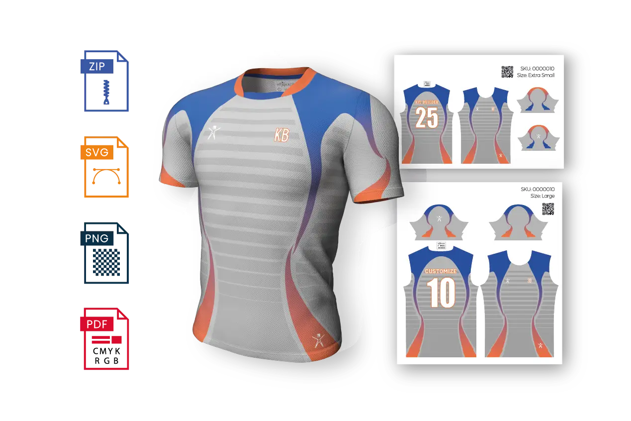 Kit Builder 3D customizer model and print ready files alongside icons for different outputs generated by Kit Builder Print Production. Shows the 3D customization that was applied to the model. 3D Product Customization Software