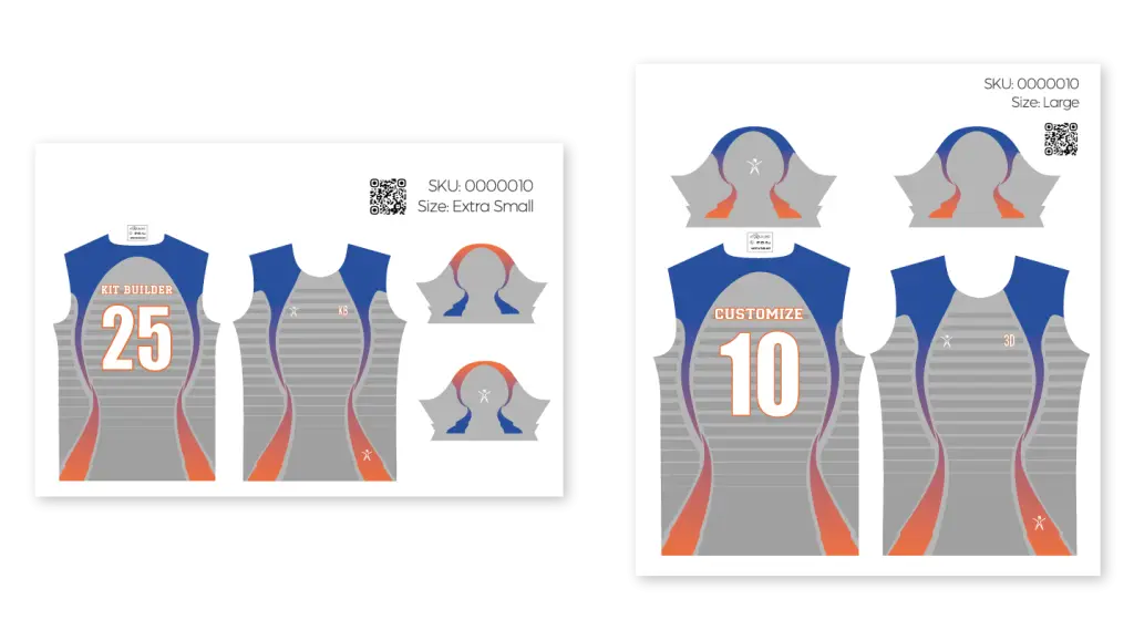 Solutions - Print production Two sublimated print files displayed side by side in Kit Builder, one extra-small and one large, showing different artboard sizes for product customization.