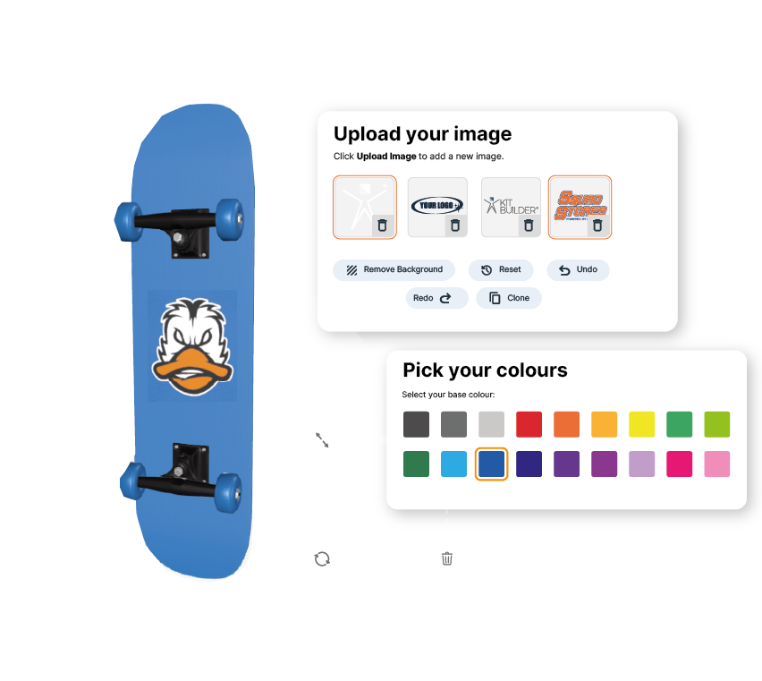 Solutions - Professional eCommerce Product customizer showing clipart being added and edited on skateboard with 3D customization