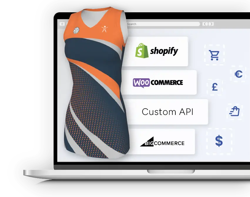 Solutions - Professional Kit Builder 3D Customization interface showing netball dress, ecommerce solution logos such as Shopify and WooCommerce.