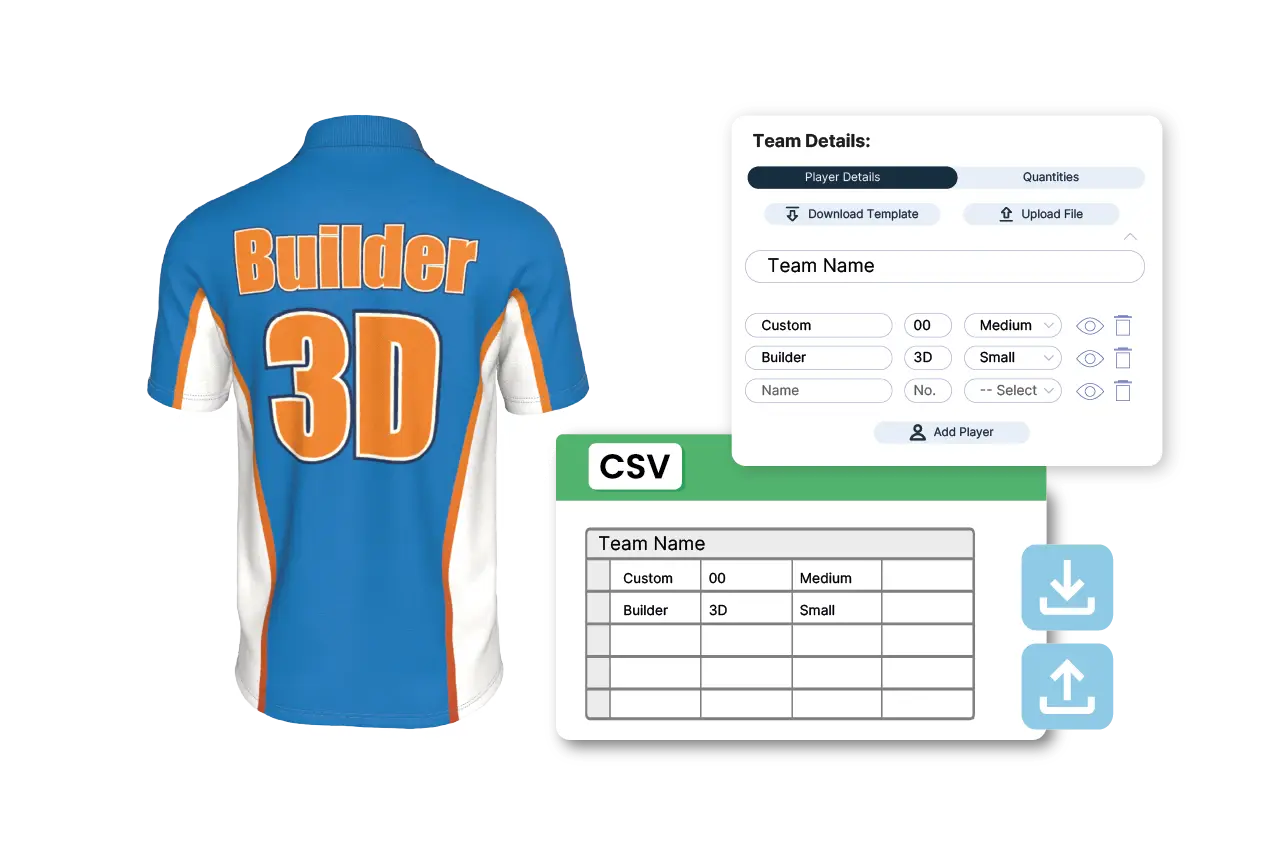 Solutions - Professional eCommerce Graphic showing customized polo shirt, Kit Builder 3d customizer interface for inputting names and numbers, alongside a graphic showing a CSV file.