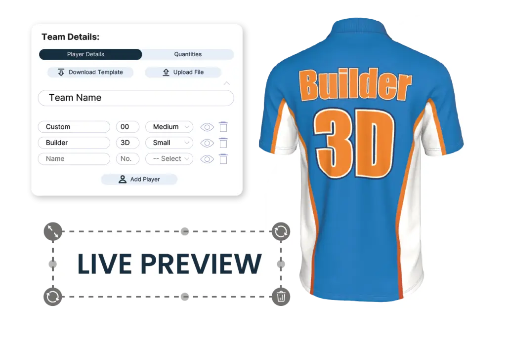Kit Builder 3D customizer model showing text being added and changed with a live preview button. 3D Customization feature - Team Details Config is being illustrated in a pop out style.