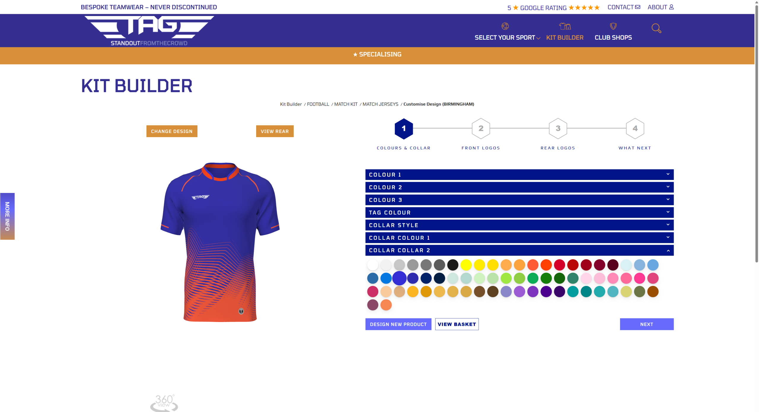 Screenshot of Tag SPortswears 3D Customizer by Kit Builder on their website. Shows a football shirt being customized on a product configurator.