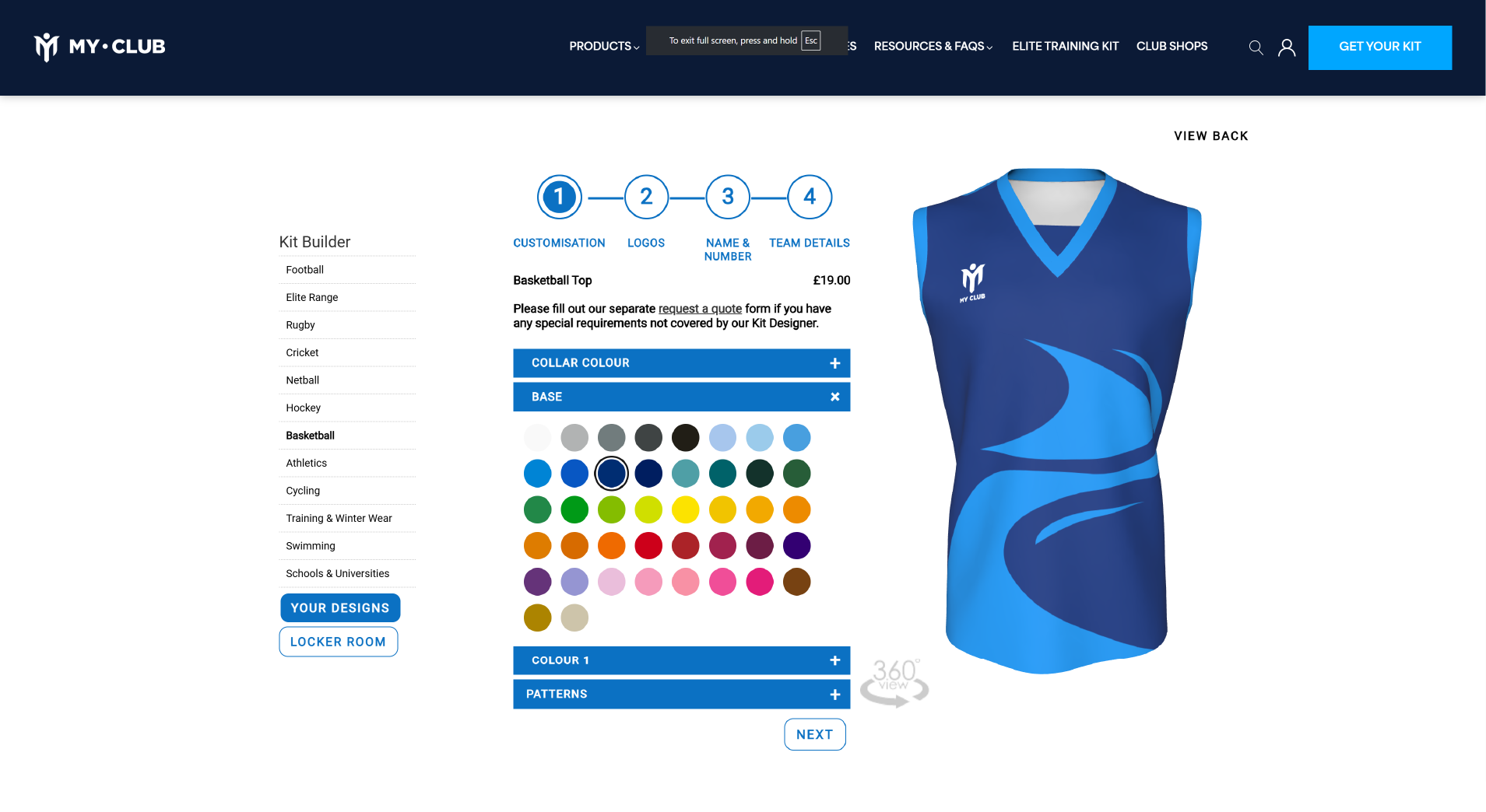 Screenshot of My Club Groups 3D Customizer by Kit Builder on their website. Shows a basketball vest being customized on a product configurator.