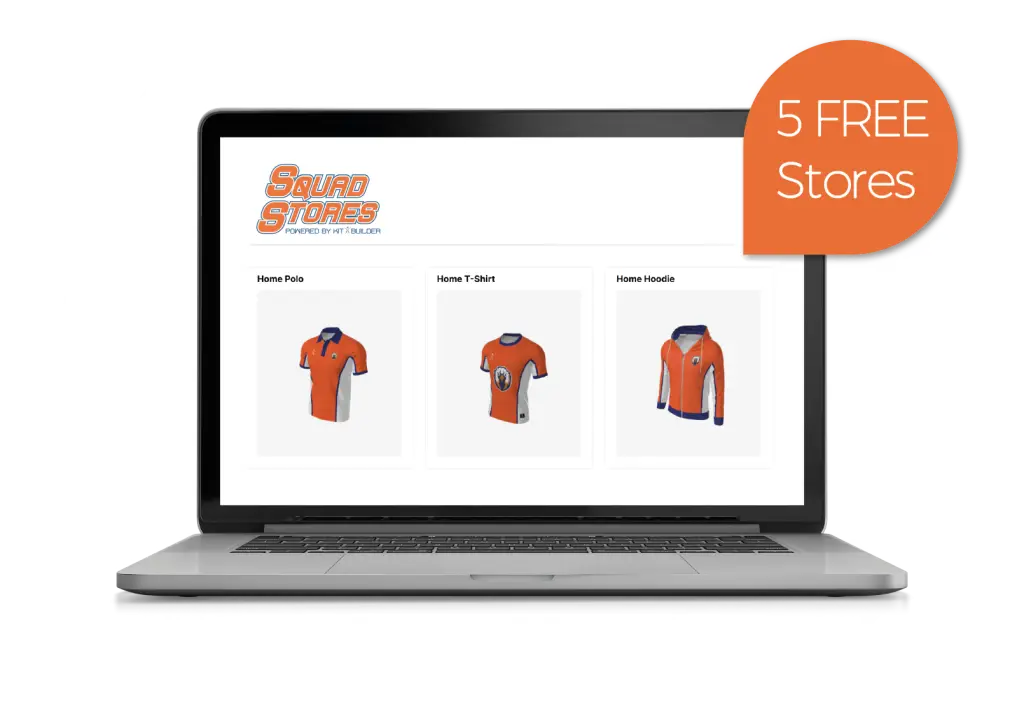 Laptop showing Kit Builders Squad Stores, 3D Customization for team stores. Bubble with text showing 5 Free stores with ecommerce Kit Builders