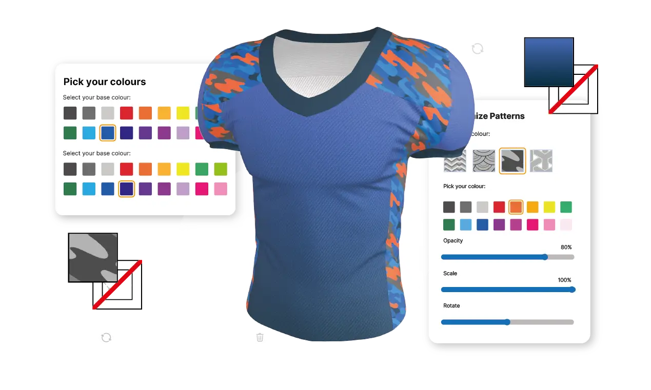 Solutions - Professional eCommerce Graphic showing a 3D kit builder AFL jersey, with Kit Builder's product customizer gradient colour tile pickers and pattern selectors. Illustrates 3D Customization of patterns and colours.