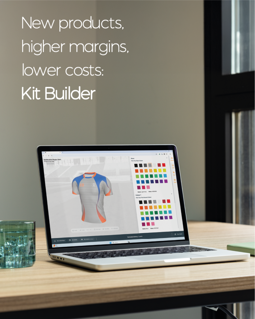 Kit Builder social media post showing 3D product customization of a tshirt with pop outs on a laptop