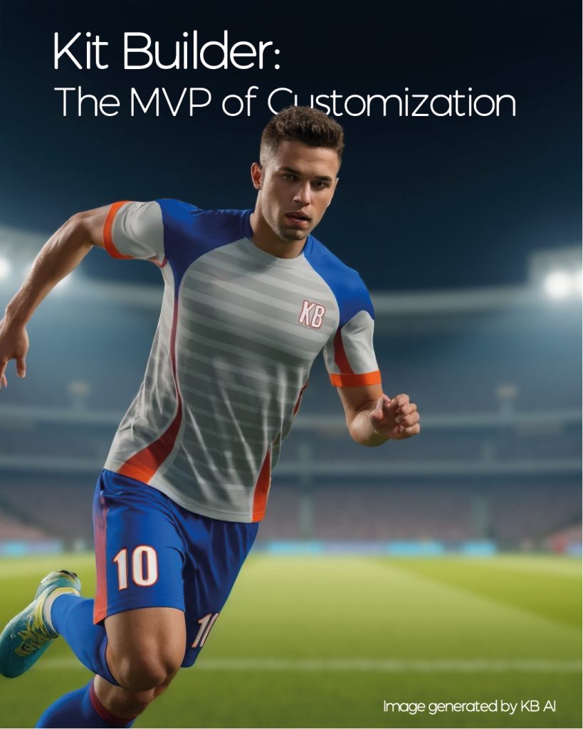 Kit Builder - 3D product Customization social media post - showing KB AI generated football player wearing a kit designed on Kit Builder.