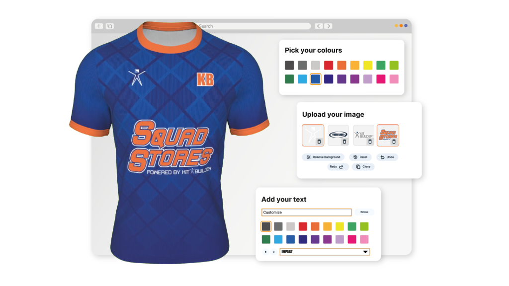 Kit Builder shirt showing an illustration of the 3D Customizer. Shirt spins around and there are pop outs showing what 3D customization is being done.