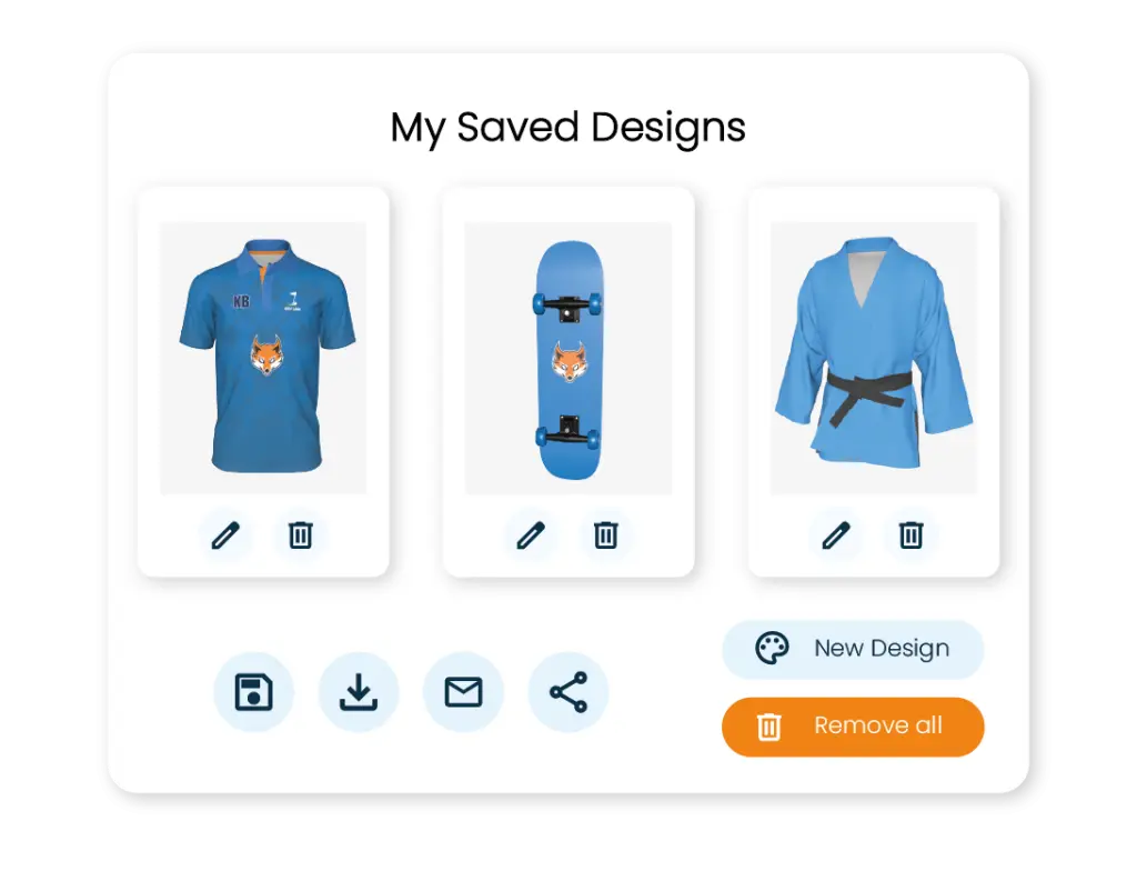 Solutions - Professional Illustration showing Kit Builders 'My Designs' area. Save and Share 3D Customization in seconds.