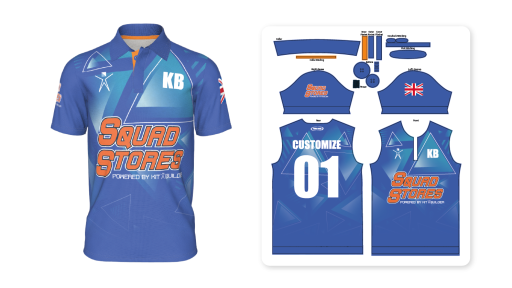 Polo Shirt Model designed with 3D Customization by Kit Builder. Shown next to SVG One Size Output of the same design.