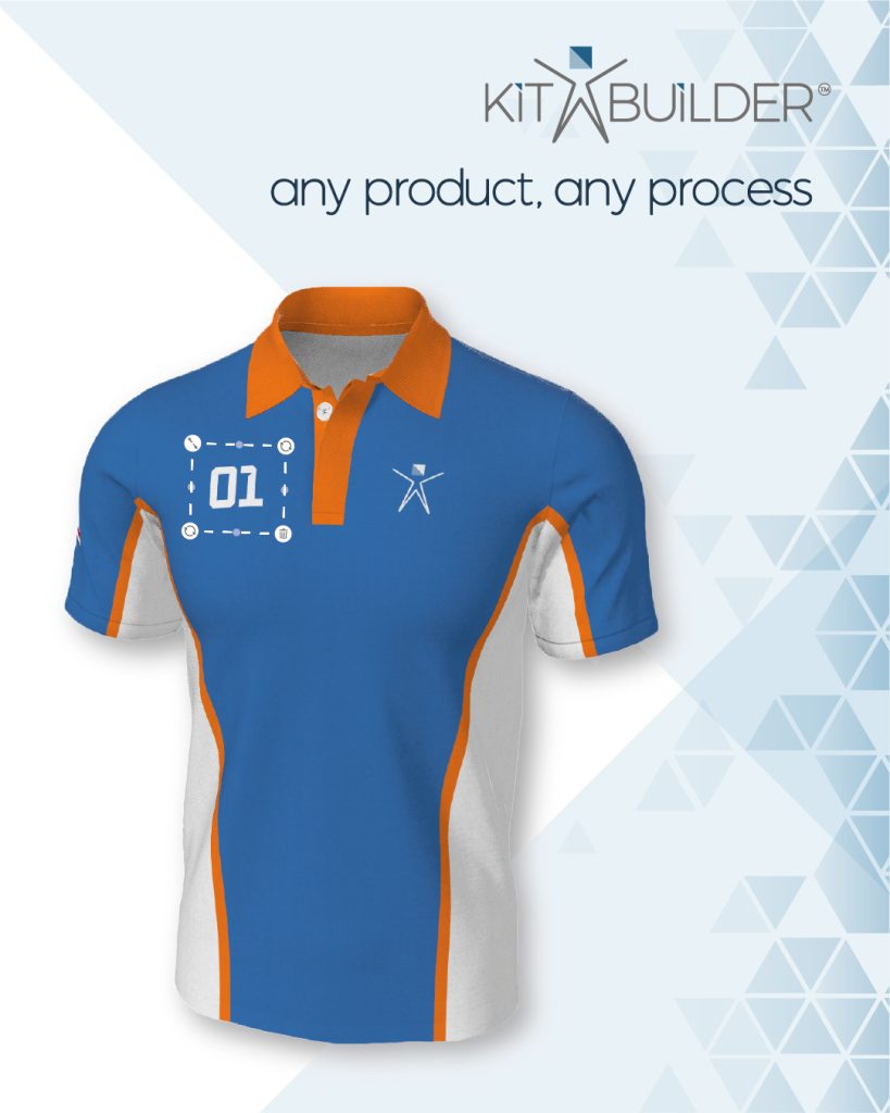 Kit Builder social media post showing 3D product customization of a coat with text customization highlighted