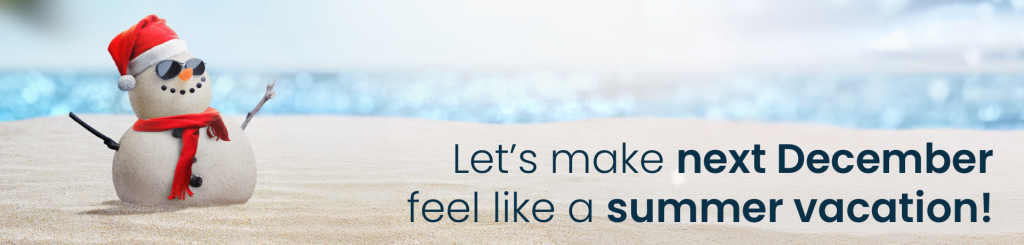 Make december feel like a summer vacation. Image showing snowman on the beach.