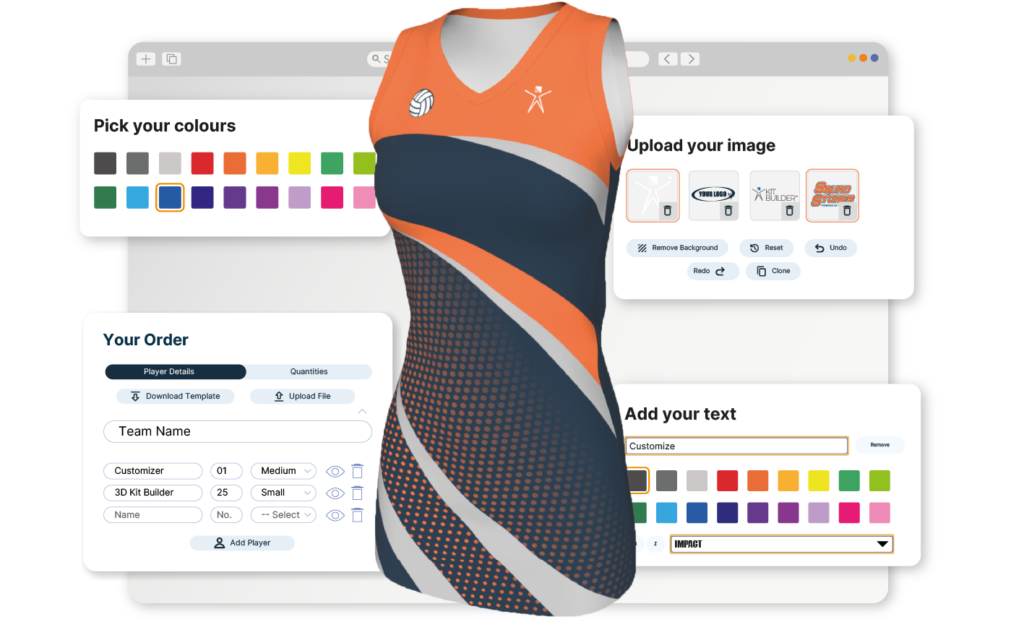 graphic showing Kit Builder product configurator. Netball dress with colour, logo, text and checkout options against a vector internet browser