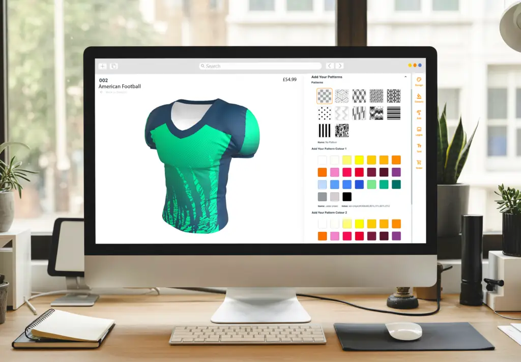 Monitor showing a product being ordered on the Kit Builder 3D Customizer interface. 3D customization with ecommerce integration.