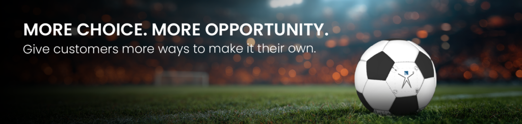 More choice and more opportunities with product customization. Image showing kit builder model of football on a pitch with the words