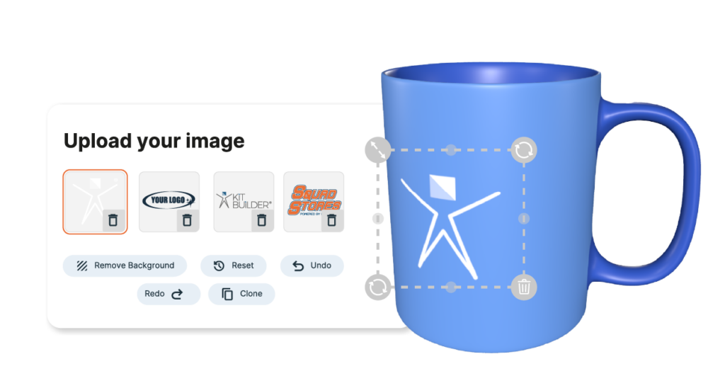 Product customizer showing a branded mug with custom logo upload