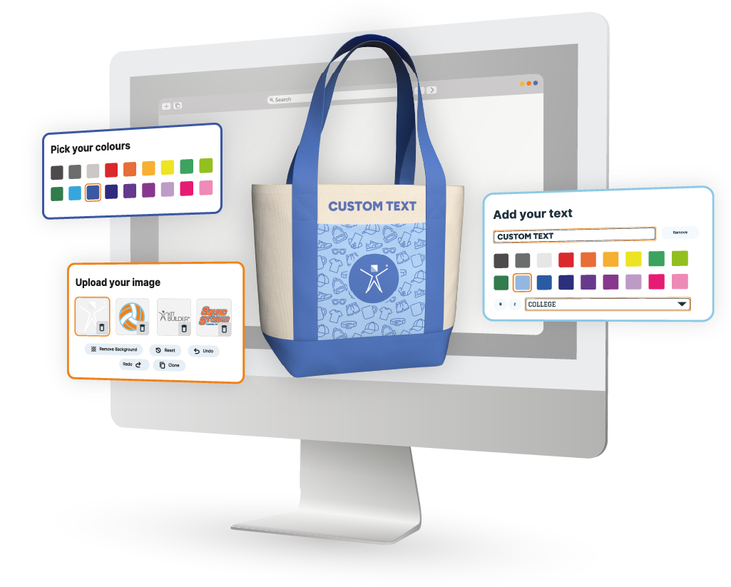 3D product customizer showing a personalized tote bag with logo, text and colour options