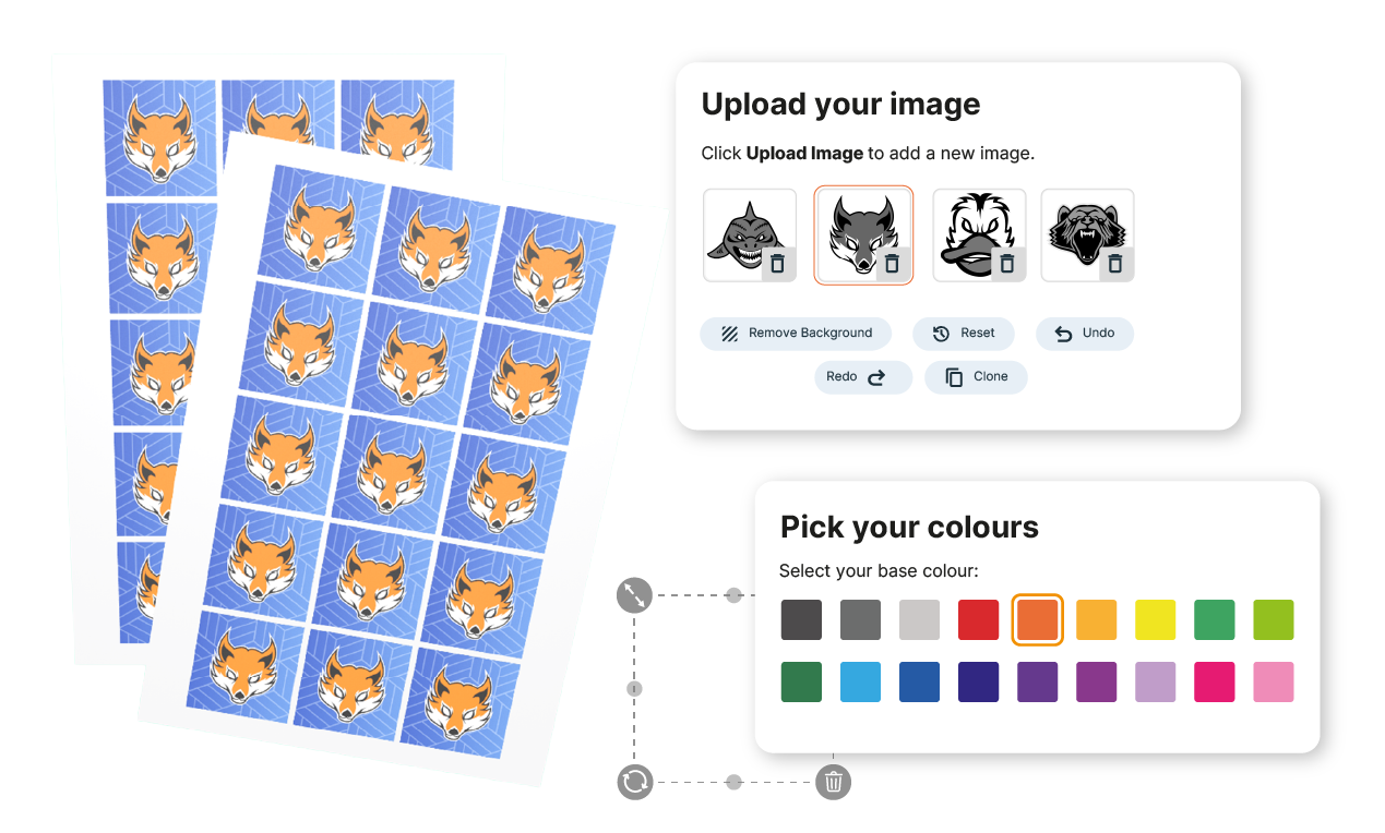 3D product customizer showing custom stickers with artwork upload and colour options