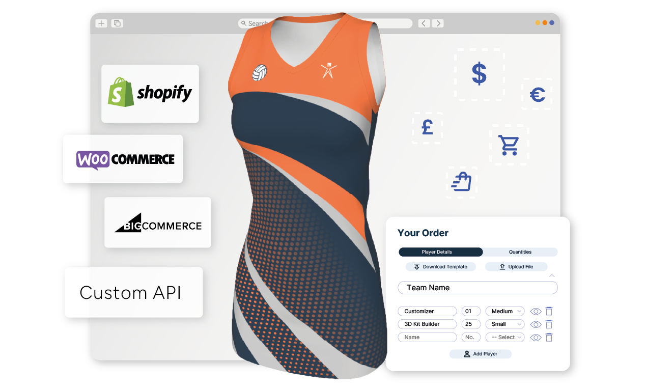 Kit Builder 3D Customization interface showing netball dress, ecommerce solution logos such as Shopify and WooCommerce.