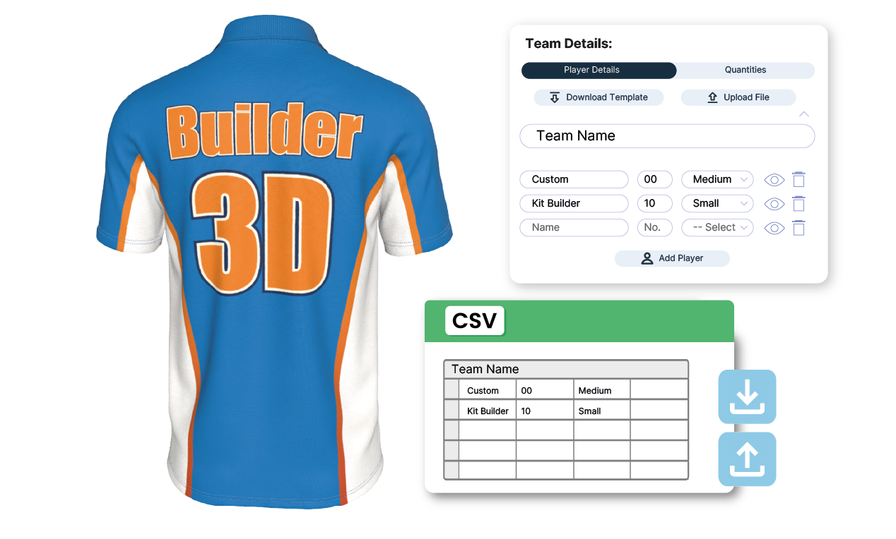 Graphic showing customized polo shirt, Kit Builder 3d customizer interface for inputting names and numbers, alongside a graphic showing a CSV file.